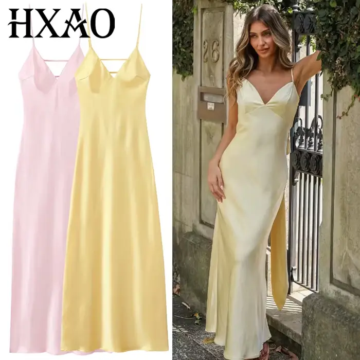 HXAO femmes jaune robe d'été 2025 femme Satin col en v robes de soirée élégante soirée sans manches 