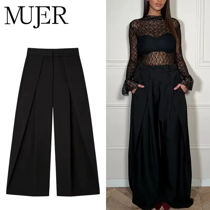 Pantalon Baggy Noir Plissé à Jambes Larges Rayé Décontracté Taille Haute pour Femme Printemps