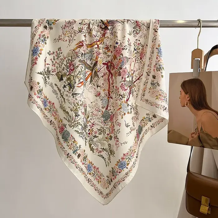 70x70 cm Simple élégance Floral oiseau imprimé foulard en soie lyrique velours Style coréen campagne