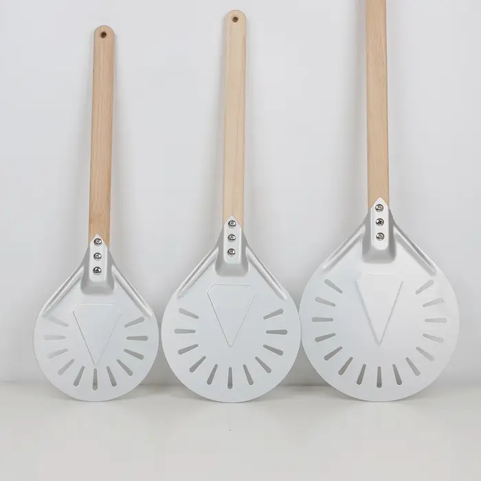 SHANGPEFATE-Pelle à Pizza Perforée UAN avec Manche en Bois Tournant, Spatules Courtes Anodisées, Out