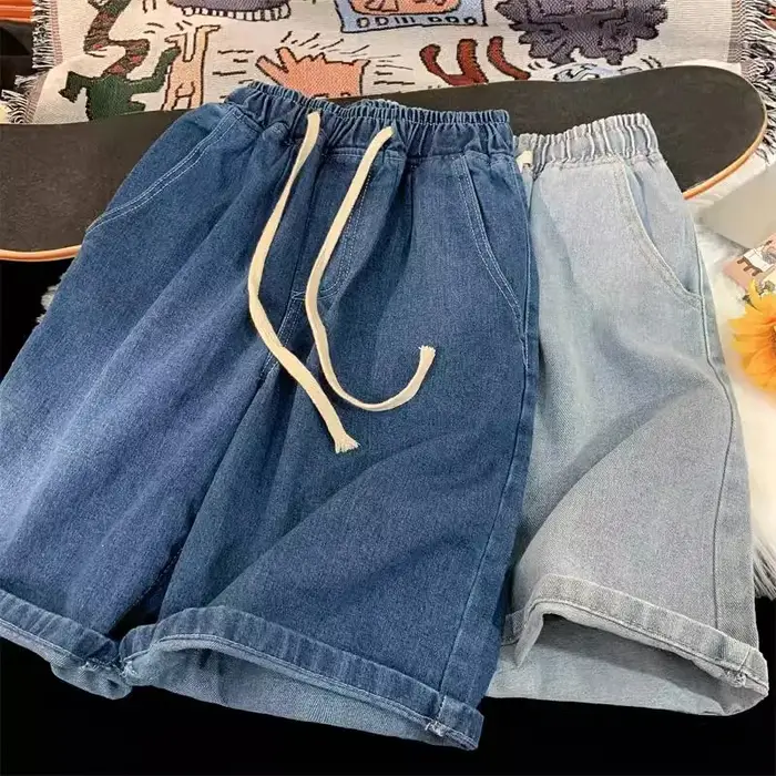 2025 nouveau Style coréen Vintage hommes jean été ample mâle jambe large genou longueur Shorts nouve