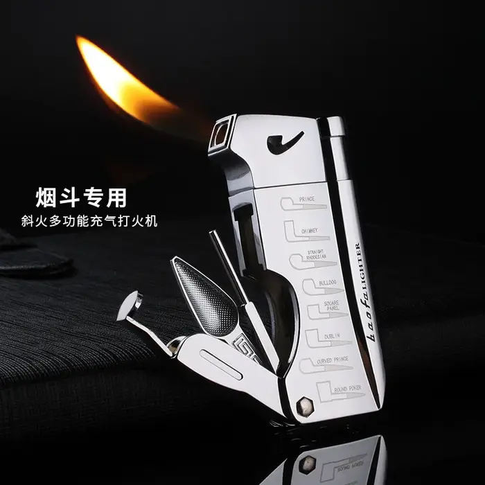Briquet en forme de pipe métal élégant rechargeable avec flamme latérale pour collectionneurs et amateurs de belles pipes occasions spéciales