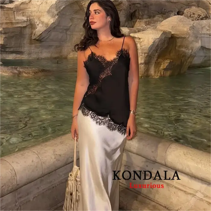KONDALA Sexy Chic noir dentelle haut caraco femmes col en V Patchwork sans manches Y2K haut pour fil