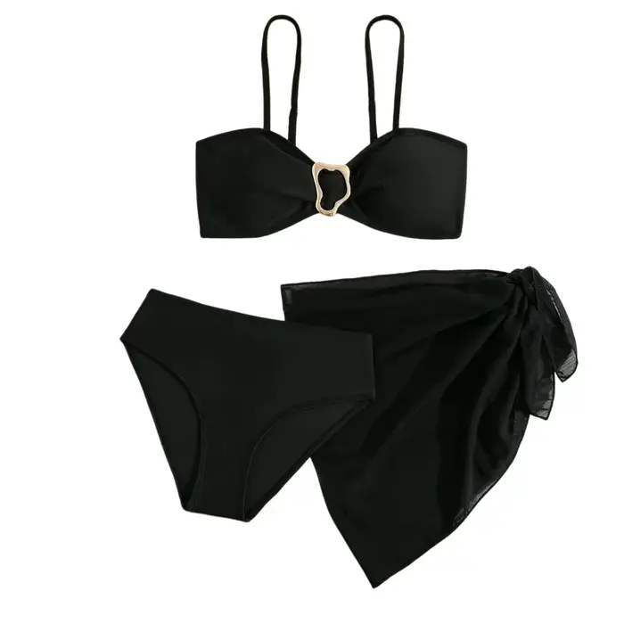 Ensemble de maillots de bain 3 pièces pour adolescentes 2026 – Bikini décoré de boucles métalliques,