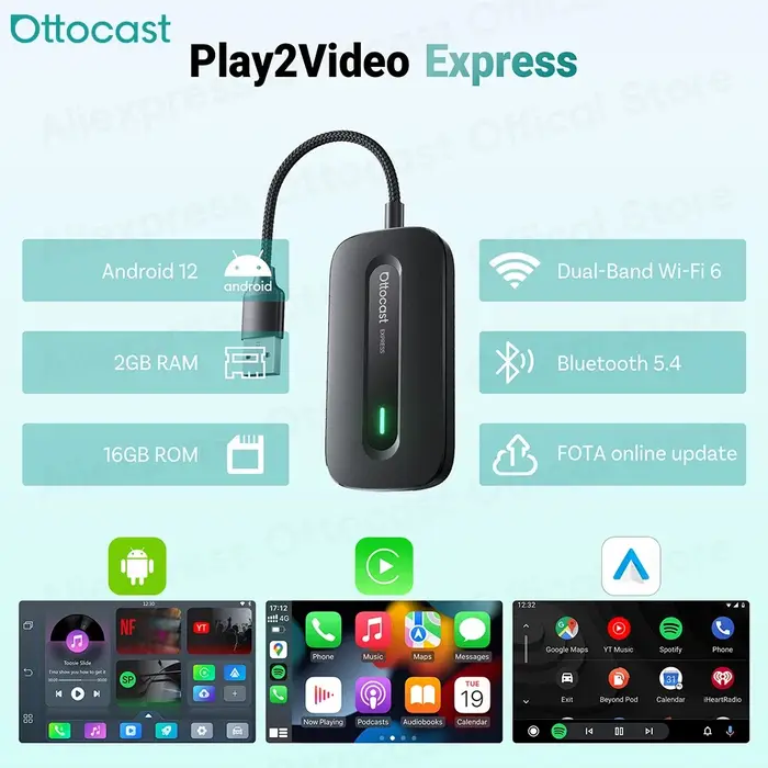 OTTOCAST Play2Video Express sans fil CarPlay sans fil Android Auto adaptateur pour Youtube Netflix l