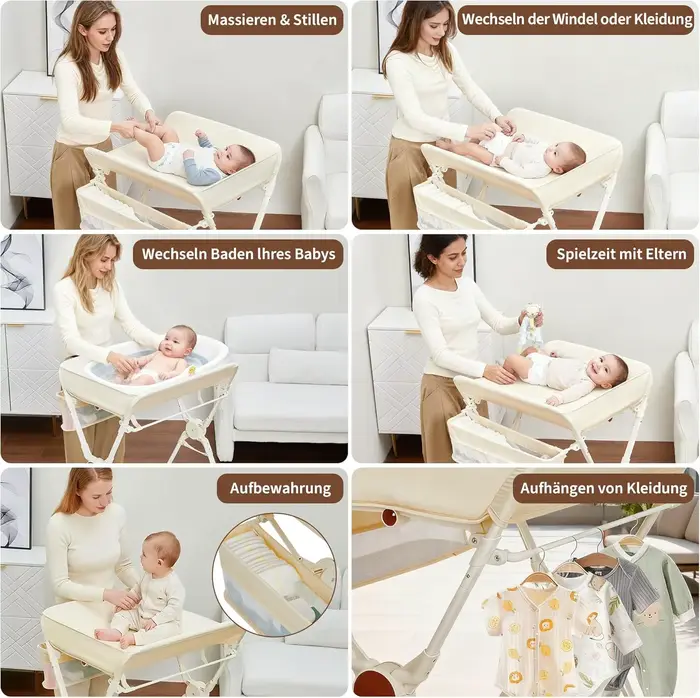 Table à langer bébé pliable et roulante avec panier de rangement et roulettes, hauteur réglable
