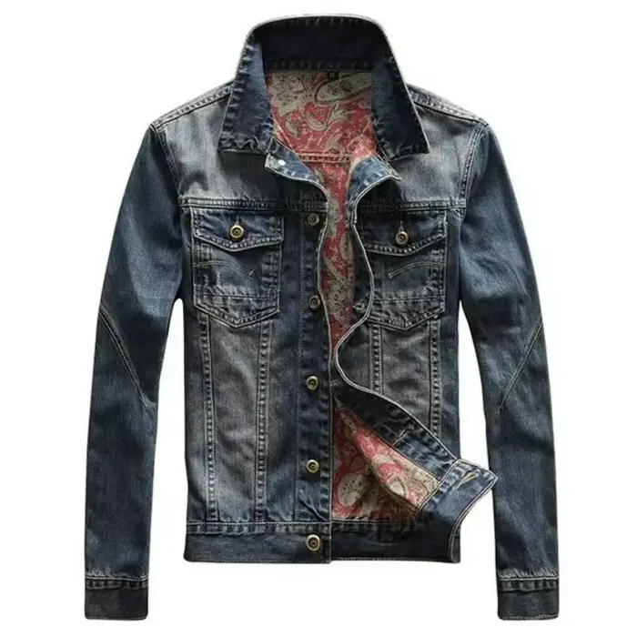 Manteau en jean pour homme, printemps-automne, col rabattu, simple boutonnage, coupe ajustée, bleu d