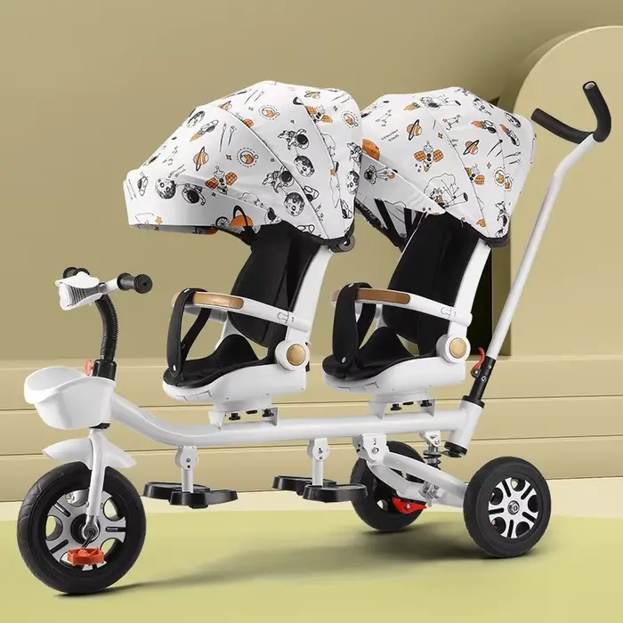 Tricycle pour enfants, poussette double, vélo à double siège avec siège inclinable, double direction
