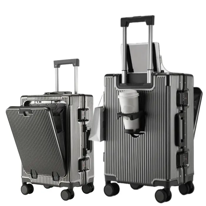Valise à cadre en alliage d'aluminium, poche d'ouverture avant avec prise de chargement USB, sac de 