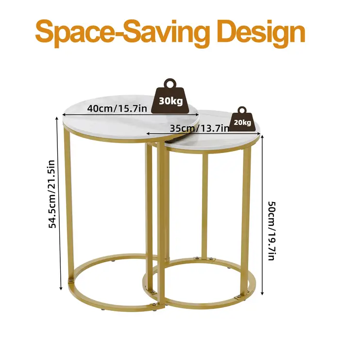 Ensemble de 2 tables d'appoint rondes en pierre frittée, base en métal, ensemble de nidification, ra
