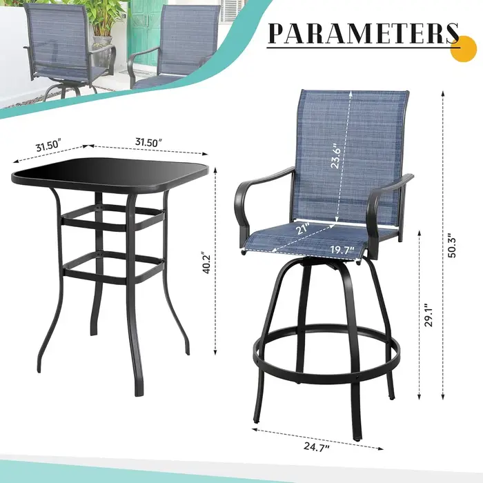 Ensemble de bar pivotant de patio 5 pièces, pivotant haut en textilène mental toutes saisons, ensemb