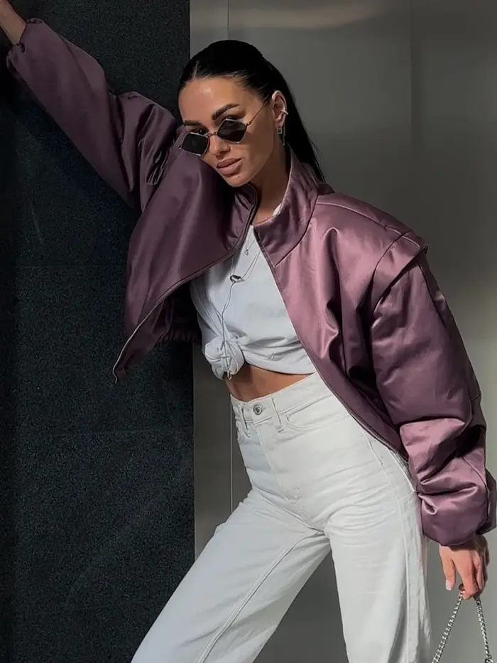 Nouvelle veste bomber en satin SLTNX pour femme, mauve, à manches bouffantes, courte, zippée, décont