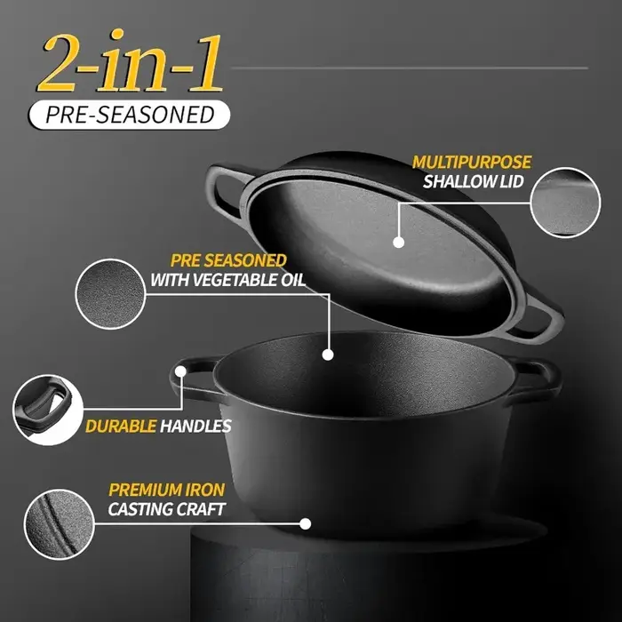 Four en fonte hollandaise pré-assaisonné 2 en 1, friture, cuisson, camping, barbecue, maison, 5QT
