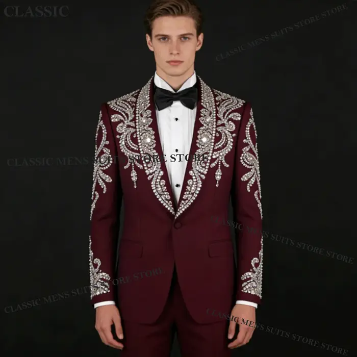 Costumes de luxe personnalisés pour hommes, en diamant, de haute qualité, avec strass, pour mariage,
