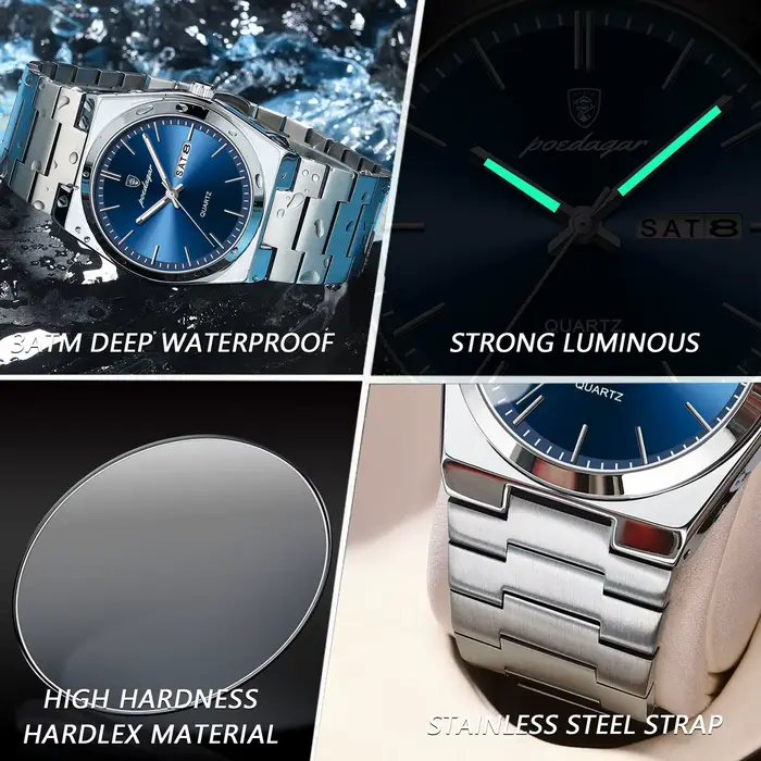POEDAGAR montres de luxe pour hommes en acier inoxydable étanche lumineux homme montre Date semaine 