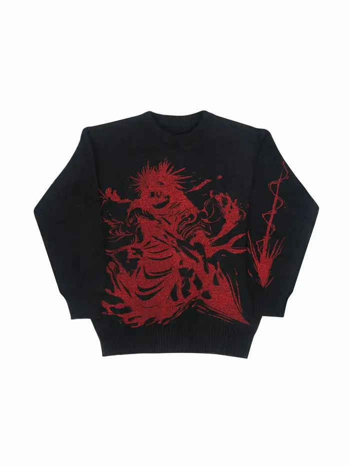 Pull en tricot graphique noir et rouge pour hommes, col rond, surdimensionné, décontracté, manches l