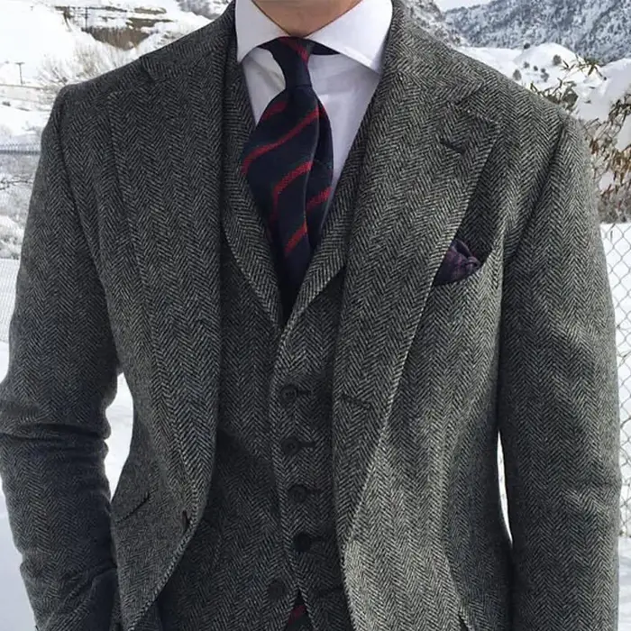 Smoking formel à chevrons pour hommes, tweed de laine grise, veste trempée, pantalon en émail, mode 