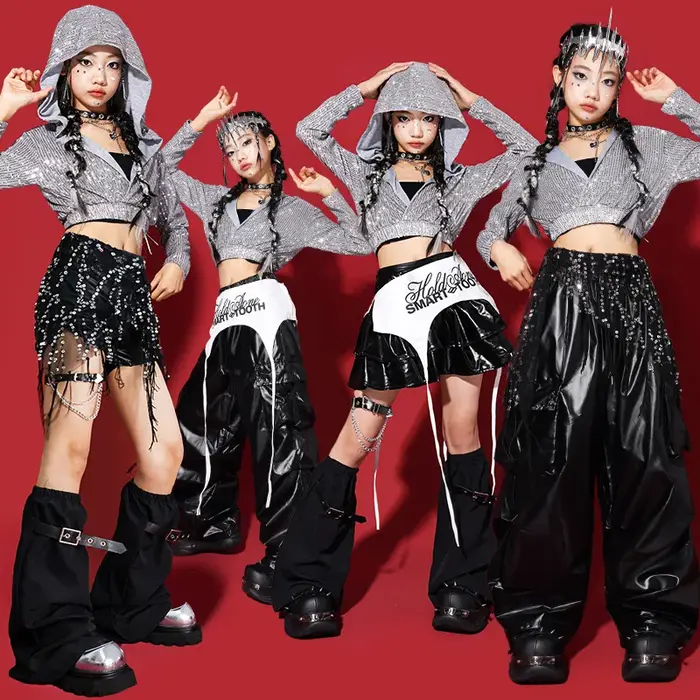 Ensembles de vêtements pour filles K-pop, sweats à capuche argentés et noirs à paillettes, shorts de