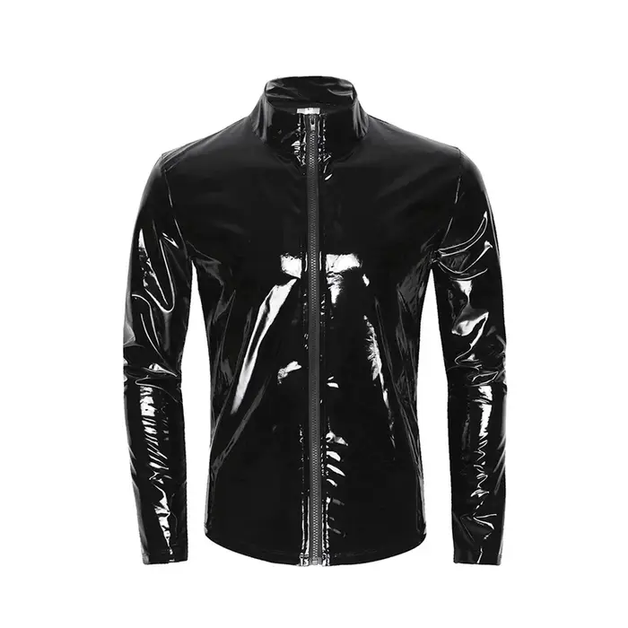 Nouveaux hommes Cardigan à fermeture éclair col montant chemise PVC brillant en cuir verni Sexy serré extensible Latex v
