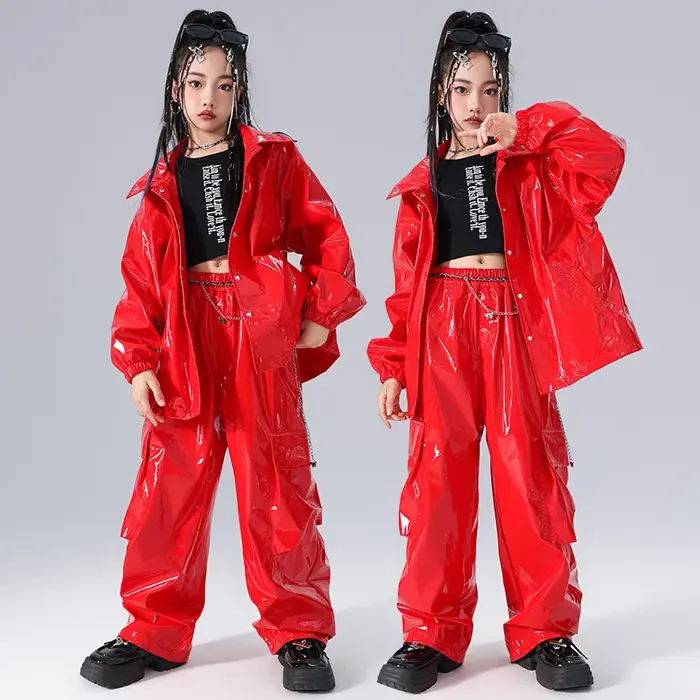 Ensembles veste et pantalon en cuir brillant pour enfants, vêtements de performance de danse sur scè