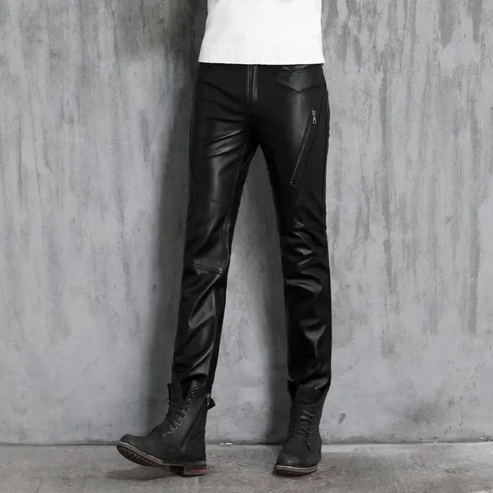 Pantalon Slim en cuir véritable pour hommes, moto pour jeunes, personnalité en peau de mouton, vêtem