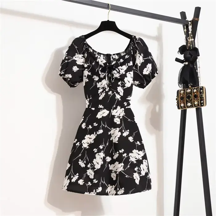 Femmes Mini Robes D'été Mode Femme Robes Imprimé Floral Robes En Mousseline De Soie Fronces Plissée 