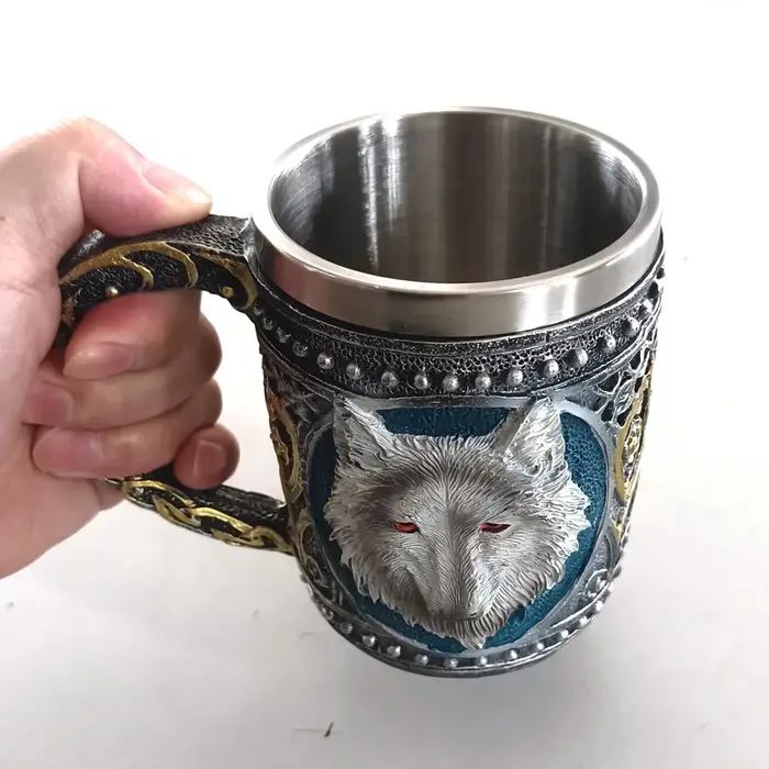 Tasse à Bière en Bois de Style Viking, Simulation de Baril en Bois, à Double Paroi, Isolée en Métal,
