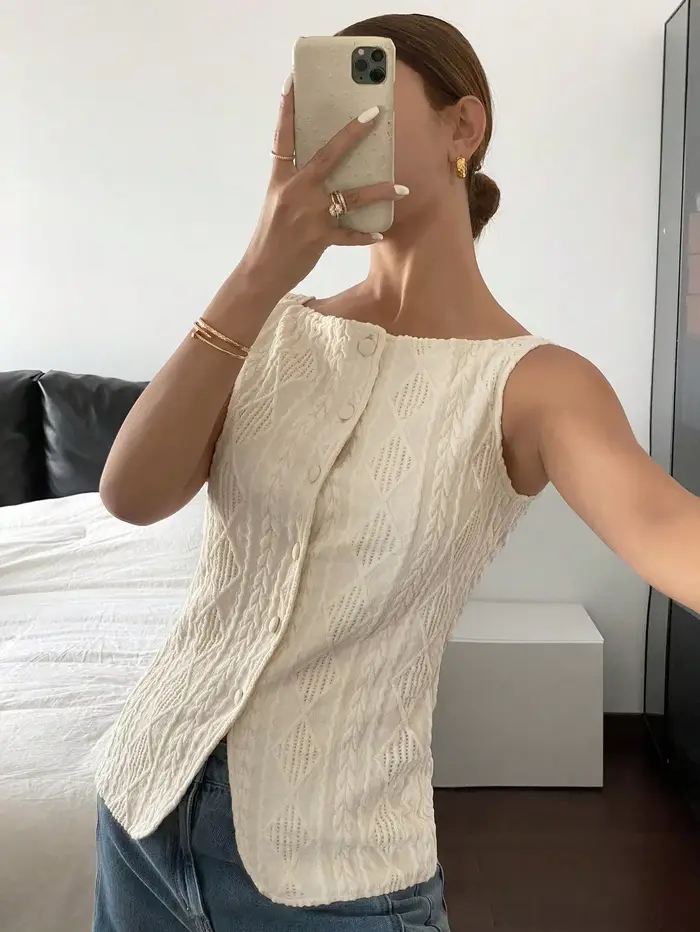 Chemise d'été décontractée sans manches pour femmes, texture géométrique, simple boutonnage