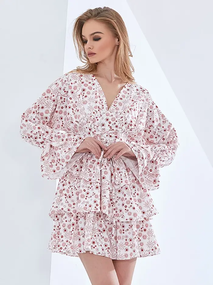 TWOTWINSTYLE – Mini robe à volants et imprimé Floral pour femmes, col en V, manches longues, couleur