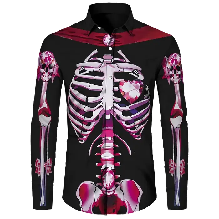 Chemise à boutons imprimé squelette 3D pour hommes et femmes, haut Streetwear à manches longues pour