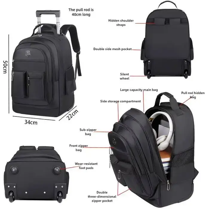 Sac à dos de voyage de grande capacité avec roulettes pour hommes, nervures cachées, bagage à main é
