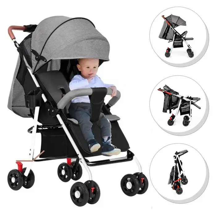 Poussette bébé robuste avec cadre en acier, siège inclinable à plat, panier de rangement extra large