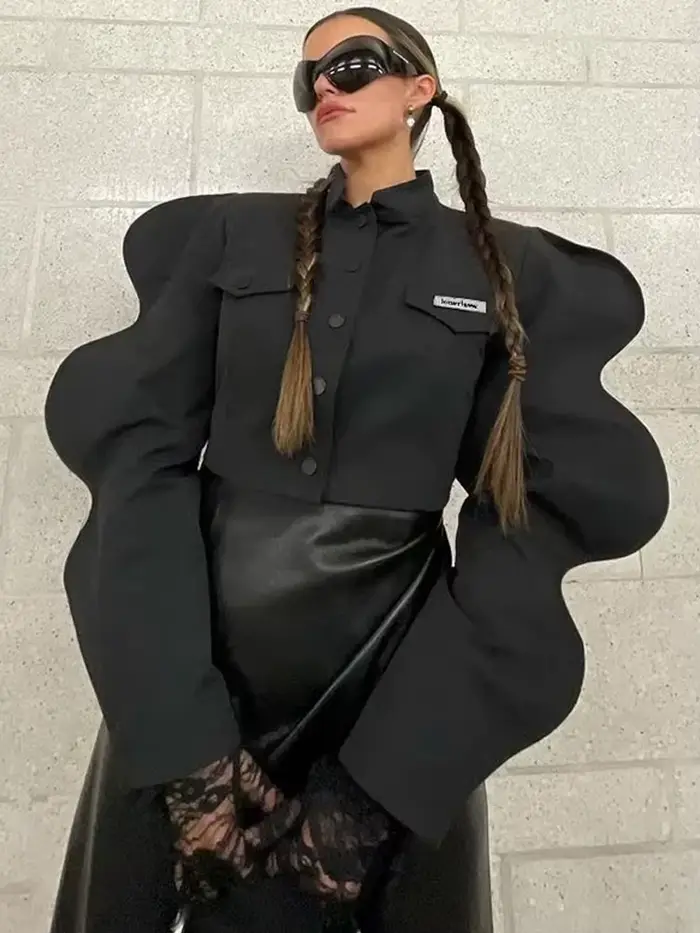 Weird Puss-Veste à Manches Spéciales pour Femme, Manteau Court Décontracté, à Simple Boutonnage, Cou