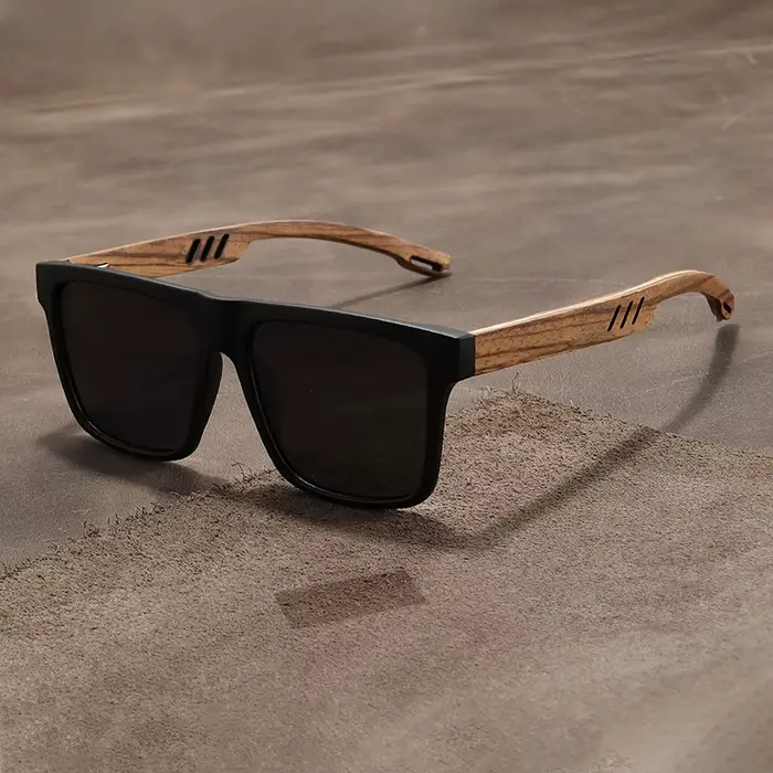 Lunettes de soleil carrées décontractées, Grain de bois, charnières à ressort, Protection UV400, uni