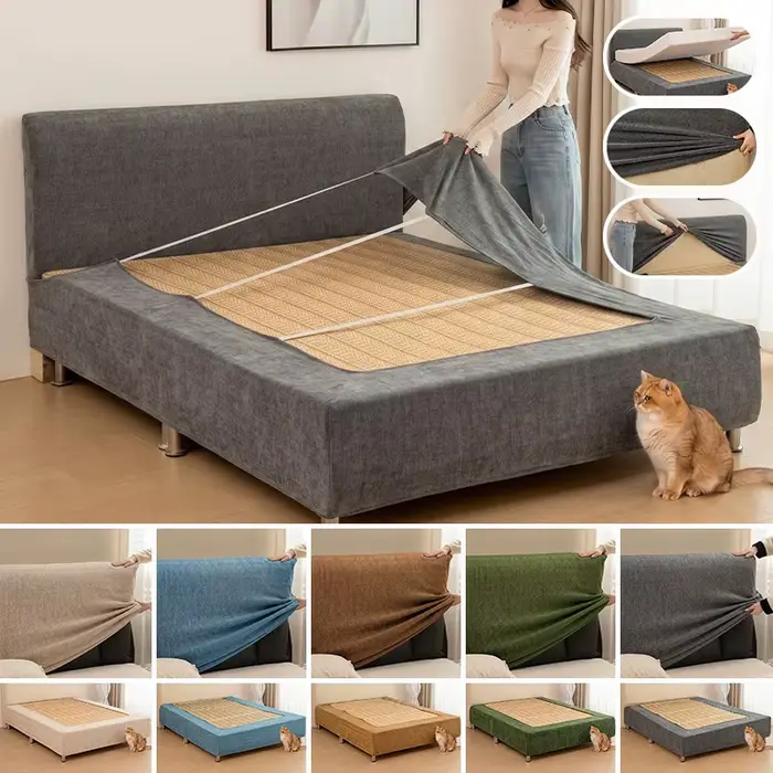 Housse de cadre de lit en chenille anti-rayures anti-griffures pour chats amovible lavable extensible pour sommier à ressorts confort durable hygiène protection investissement literie