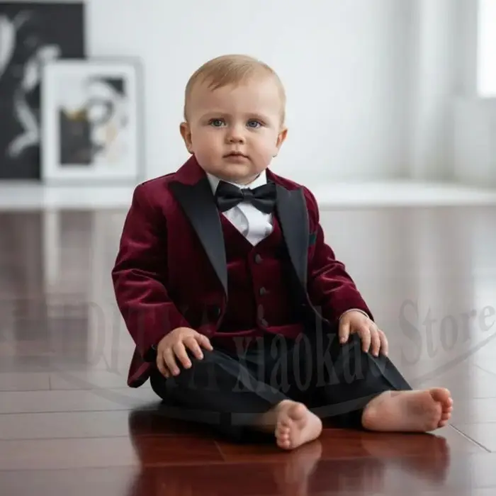 Ensemble de costume de smoking en velours pour bébés garçons, avec nœud papillon noir, pour mariage,