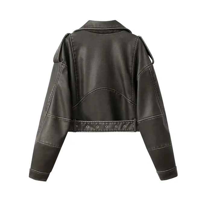 2025New Coal gray le Veste en cuir lavé pour femme avec ceinture, manteau court avec fermeture éclai