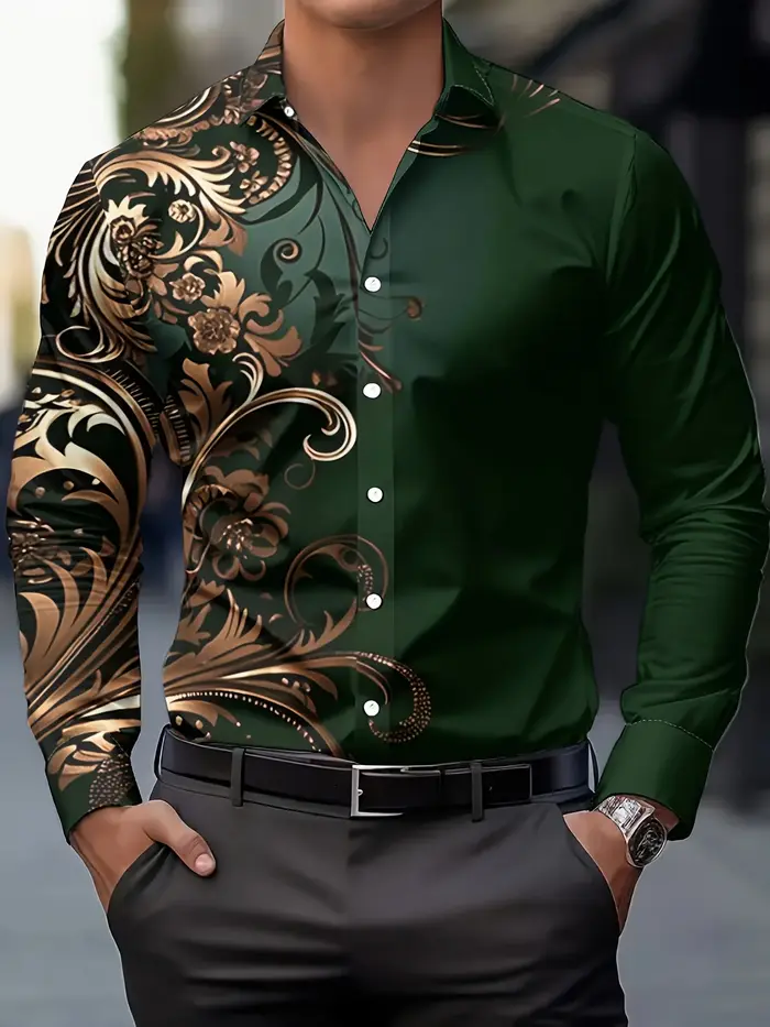 2025 Chemise à manches longues à imprimé floral dégradé pour hommes Décontracté Slim Fit Streetwear 