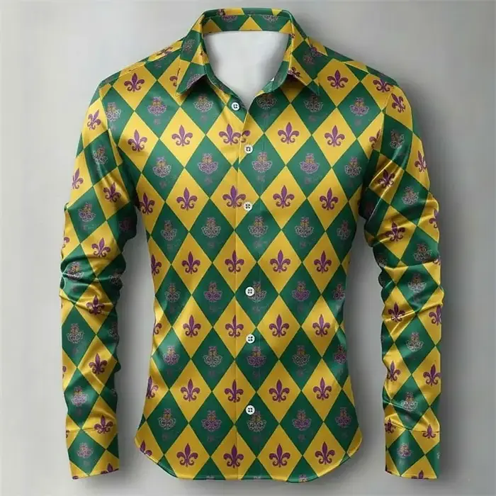 Mardi Gras – chemise à carreaux pour hommes, chemise boutonnée à manches longues, hawaïenne, décontr