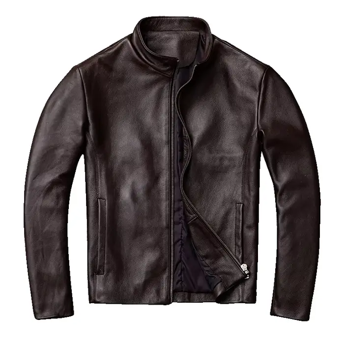 Veste en cuir véritable pour homme, coupe slim, col montant, première couche de cuir de vachette, vê