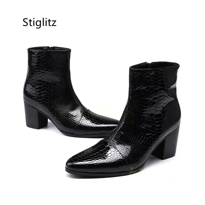Bottines en cuir véritable pour hommes, noir et rouge, talons hauts de 8Cm, motif serpent rétro, bou