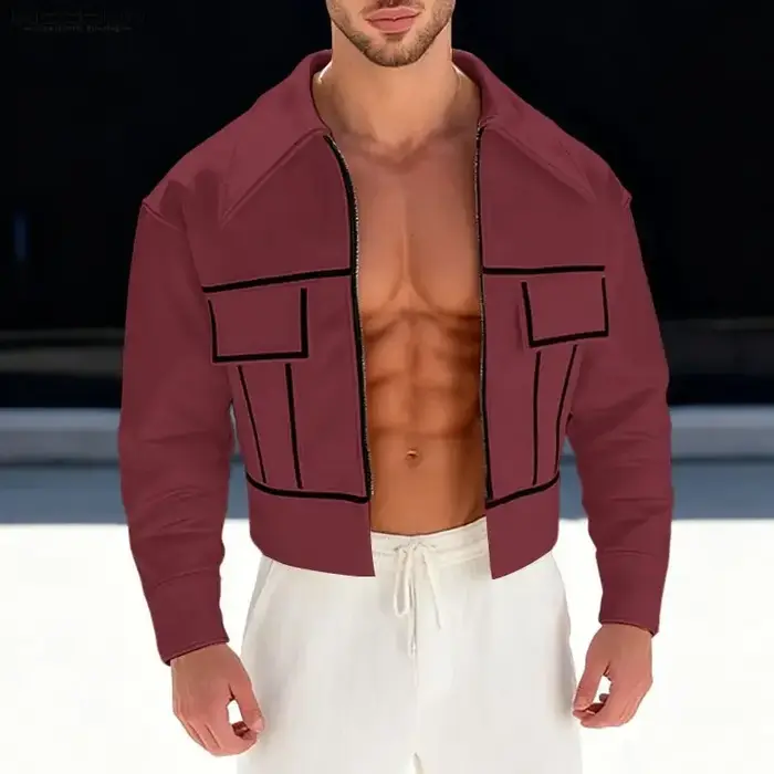 Vestes Homme INCERUN – Blousons Courts à Revers et Manches Longues avec Fermeture Éclair, Style Patc