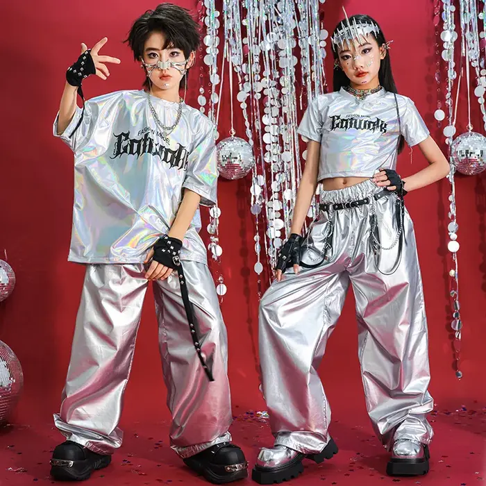 Hip Hop garçons T-shirt danse de rue argent pantalon filles K-pop brillant Joggers enfants Jazz vête