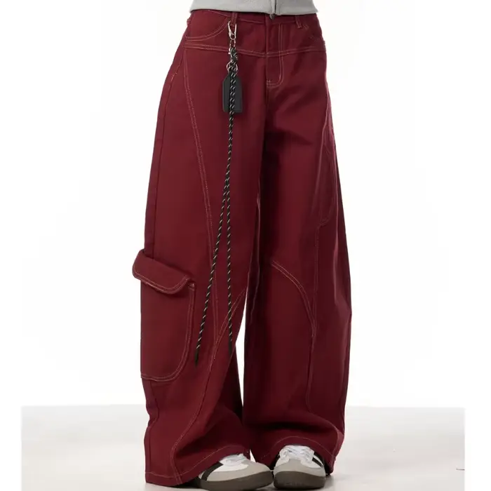 Cargo rouge jean décontracté femmes vêtements de travail pantalon ample droit jambe large pantalon p