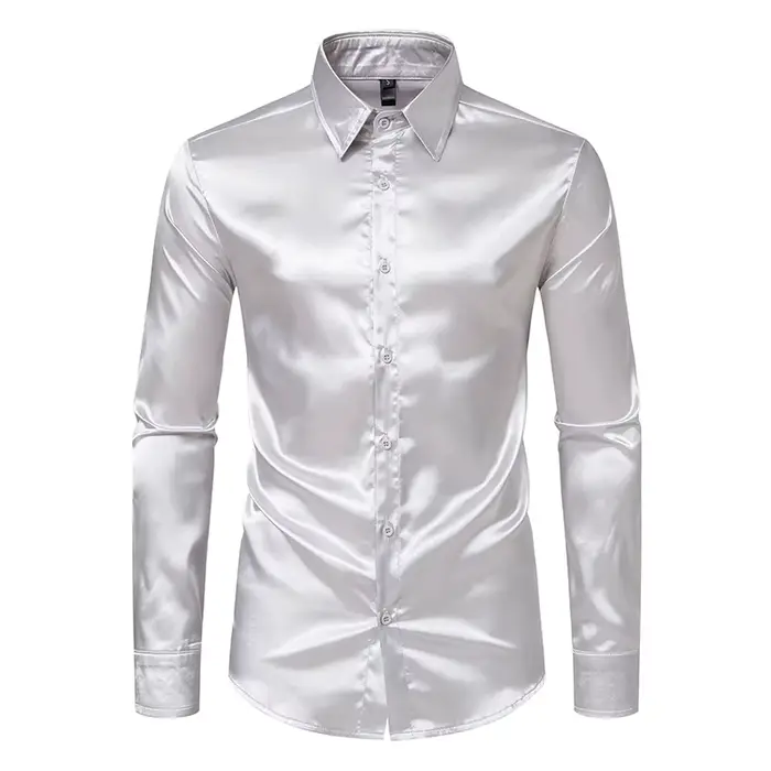 Chemises de luxe en Satin noir pour hommes, chemise de smoking lisse en soie, couleur unie, pour fêt