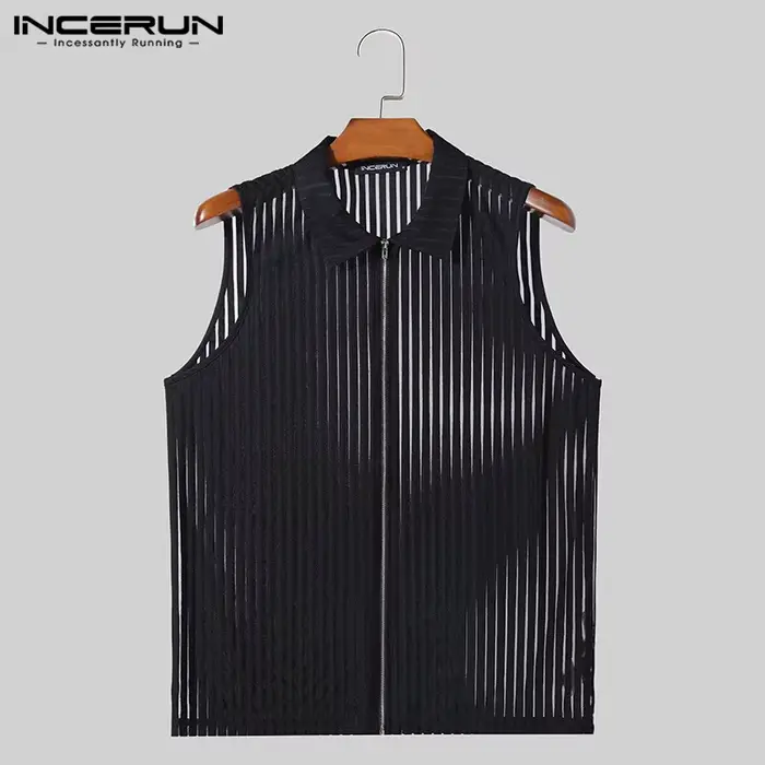 Mode Style décontracté hauts INCERUN hommes rayure verticale Perspective gilet à glissière Sexy mâle