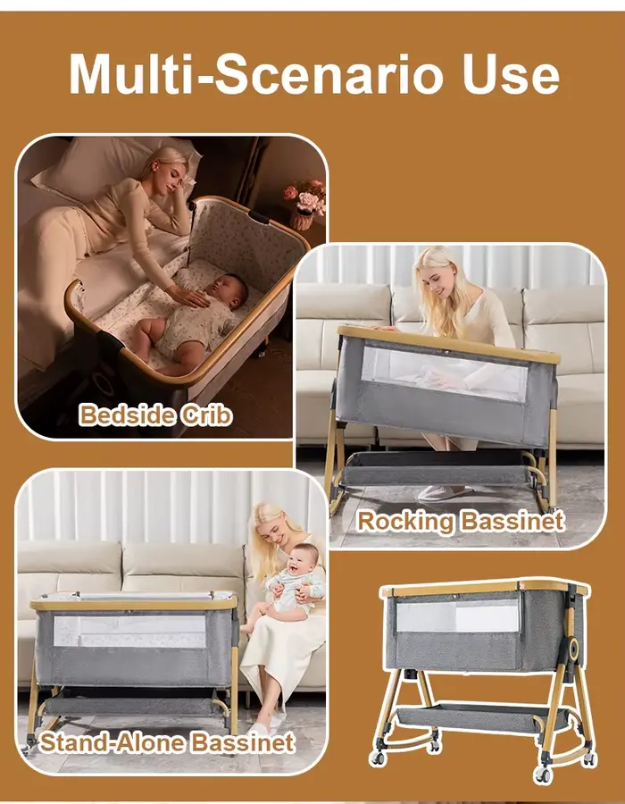 Lit bébé 3 en 1 Lit bébé portable Pliable Réglable en hauteur Roues rotatives Berceau à bascule avec