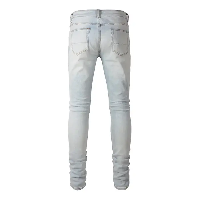 Jean de motard bleu clair pâle pour hommes, Patch plissé craquelé, pantalon en Denim extensible, Str