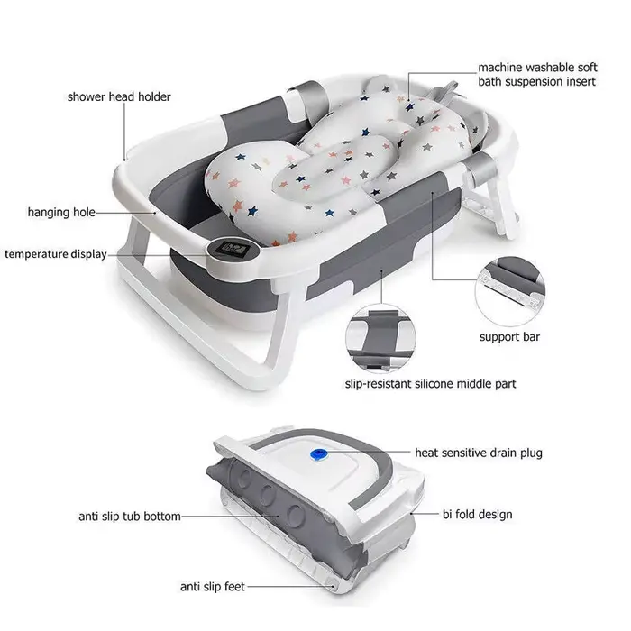 Baignoire pliable pour bébé avec capteur de température et coussin doux, en PP+TPR non toxique, bass