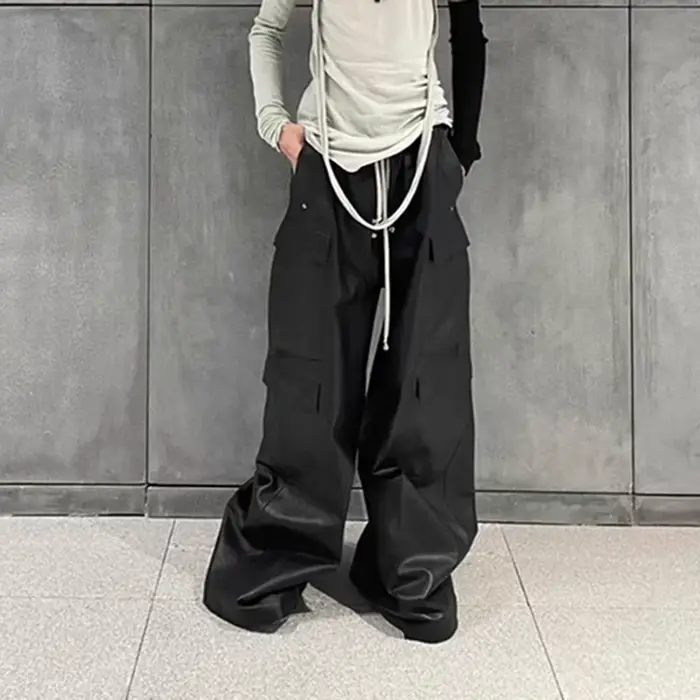 Pantalon en cuir PU mat Style RO pour hommes, pantalon Cargo Baggy à jambes larges avec cordon de se